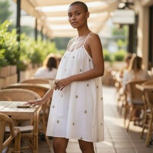 Printfresh Embroidered Bee Dress White Cotton Adjustable Strap NWT Size Medium